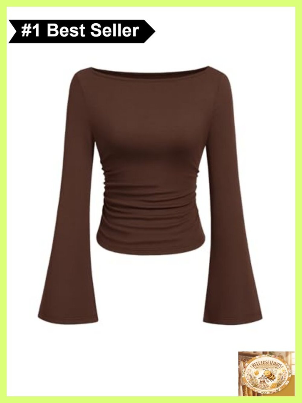 Women's Ribbed Knit Bell Long Sleeve Boat Neck Crop Top